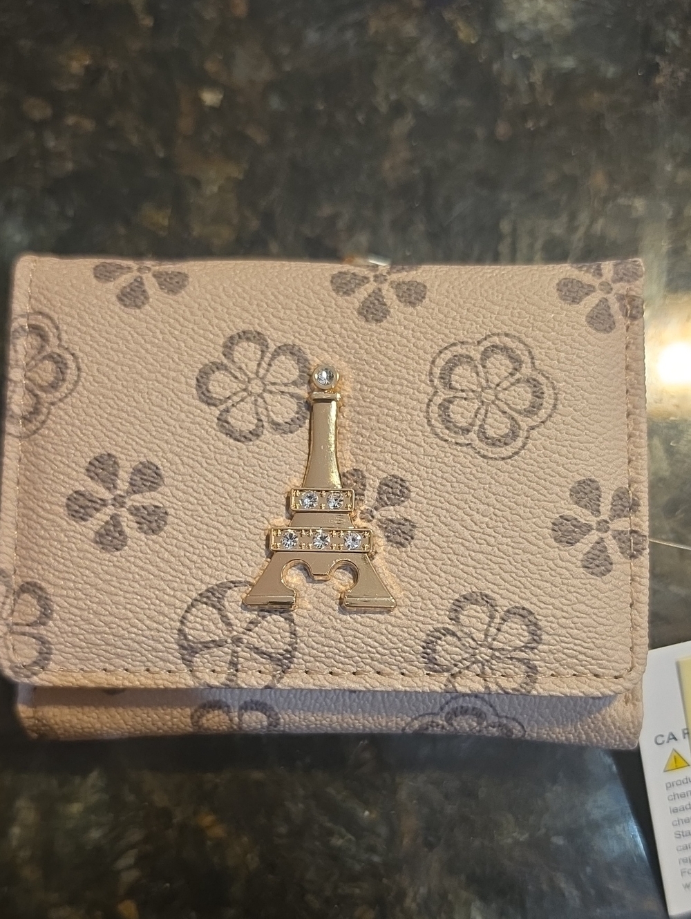 Beige Floral Compact Wallet with Gold Eiffel Accent